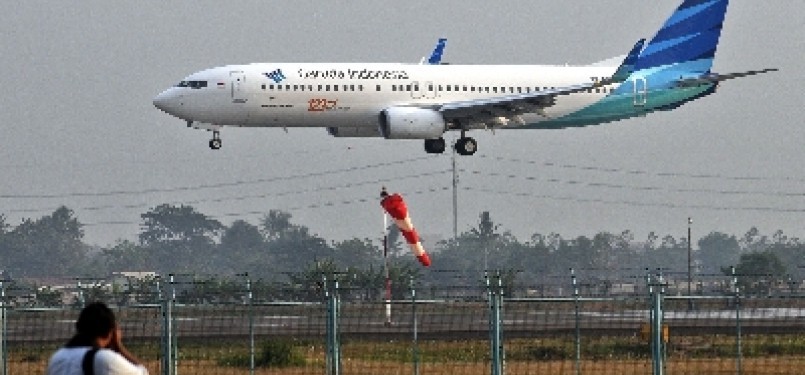 Pesawat Garuda saat mendarat di Bandara Soekarno-Hatta, Cengkareng, Banten.