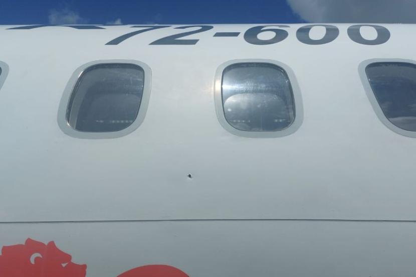Pesawat Wings Air PK-WJY jenis ATR 72-600 yang ditembak di Dekai, Kabupaten Yahukimo, Papua Pegunungan, Sabtu (17/2/2024). 