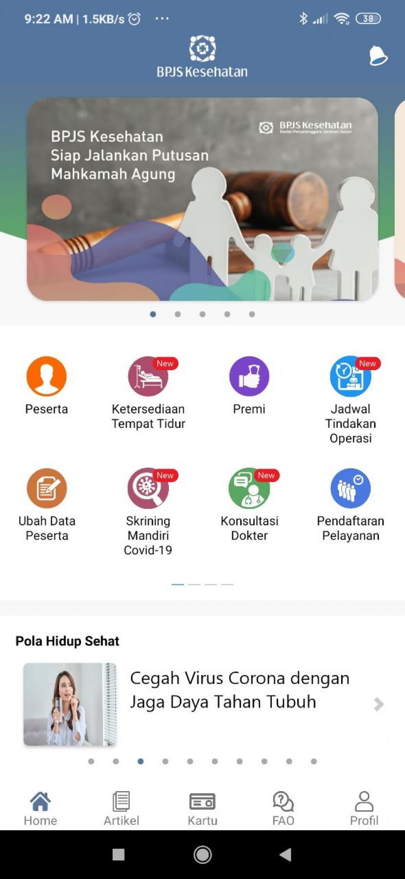 Peserta Program Jaminan Kesehatan Nasional-Kartu Indonesia Sehat (JKN-KIS) kini dapat memanfaatkan aplikasi Mobile JKN untuk lakukan skrining mandiri gejala Corona Virus Disease 2019 (Covid-19) melalui fitur “Skrining Mandiri Covid-19”. 