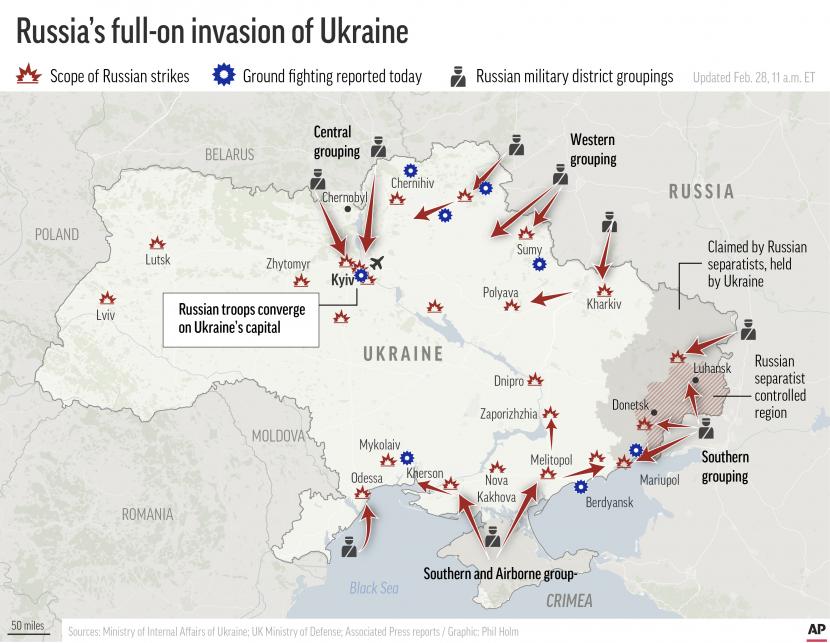  Peta berikut menunjukkan lokasi serangan militer Rusia. Google.org dan karyawan Google menyumbangkan 15 juta dolar AS atau setara Rp 215 miliar dalam upaya bantuan di Ukraina.