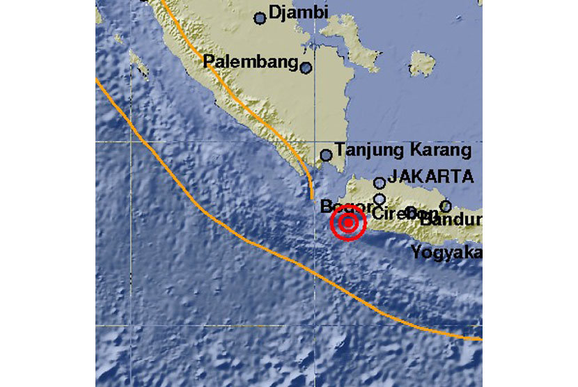 Peta gempa bumi 6,4 SR yang mengguncang Provinsi Banten, Selasa (23/1). 