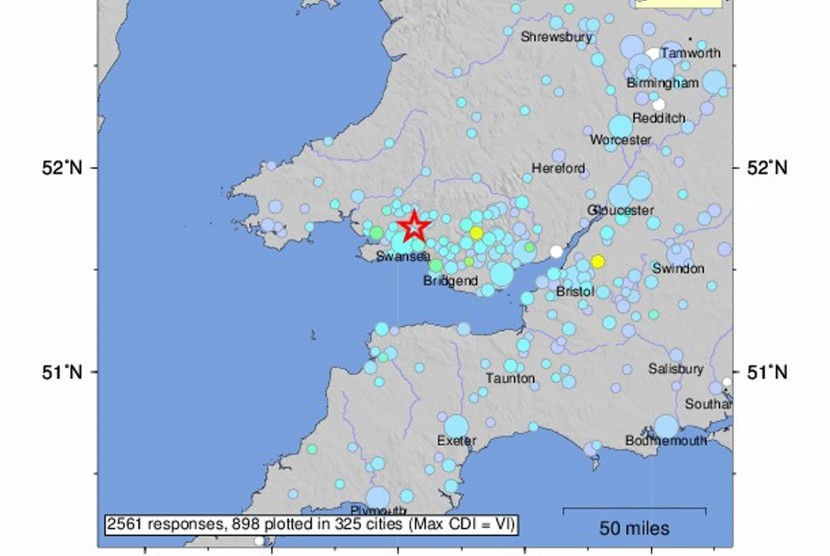 Peta gempa yang mengguncang Inggris dan Wales, Sabtu (17/2).