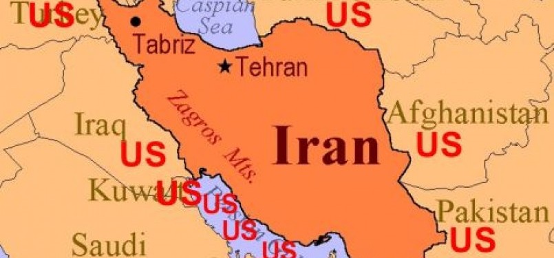 Peta ilustrasi Iran dikelilingi sekutu AS