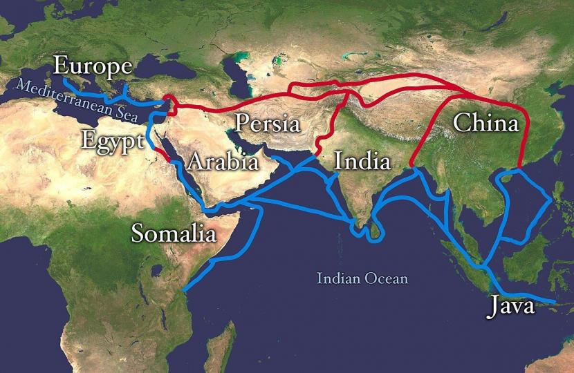 Peta Jalur Sutra yang menghubungkan tiga benua 