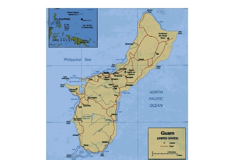 Peta negara kecil Guam, yang terletak di Samudera Pasifik.