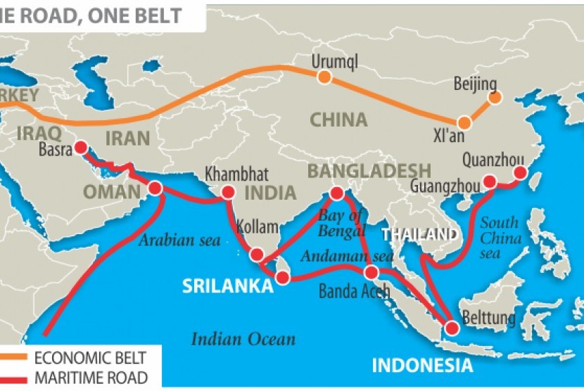 Peta one belt one road, obor yang merupakan jalur sutra baru dinisiasi Cina (ilustrasi). Cina menjadi tuan rumah pertemuan puncak pertamanya dengan para pemimpin dari lima negara Asia Tengah yang sangat penting bagi proyek Belt and Road Initiative (BRI) yang diinisiasi Cina.