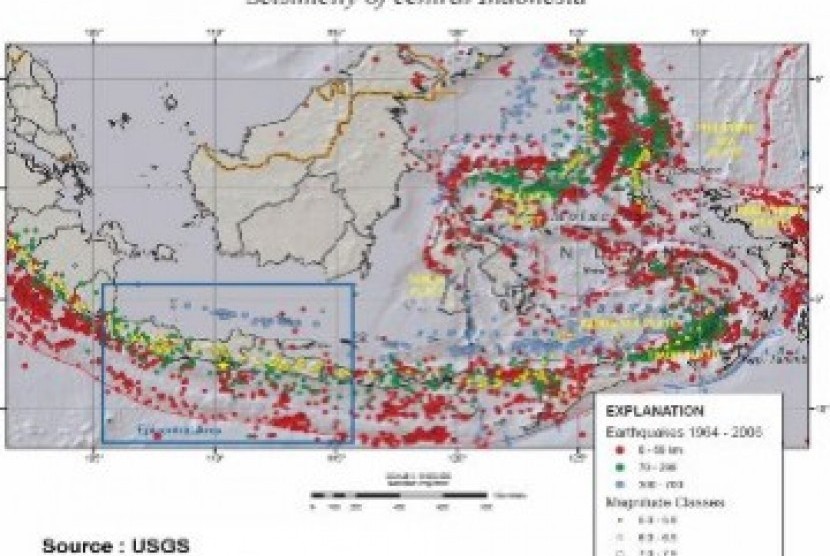 Peta penyebaran titik-titik potensi bahaya seismik gempa di Indonesia