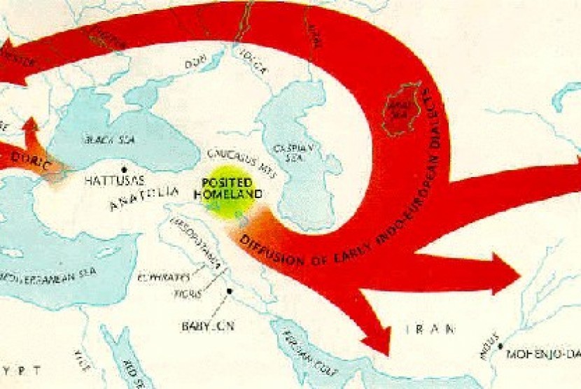 Peta pergerakan Bahasa Indo-Eropa (ilustrasi)