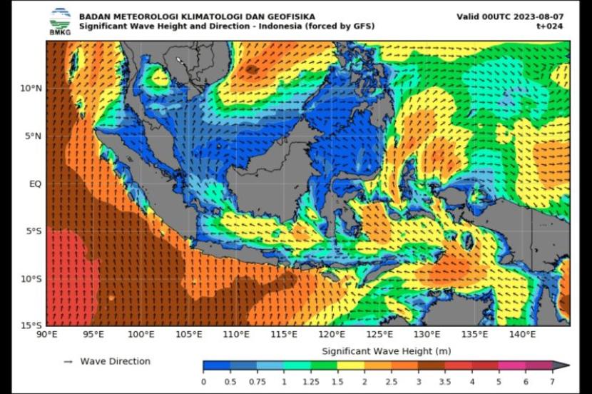 Peta potensi gelombang tinggi yang dirilis oleh Badan Meteorologi, Klimatologi, dan Geofisika (BMKG) pada Senin (7/8/2023)