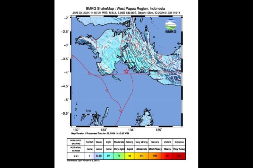 Peta pusat gempa magnitudo 5,4 di wilayah barat daya Kaimana, Papua Barat, Selasa (23/1/2024).