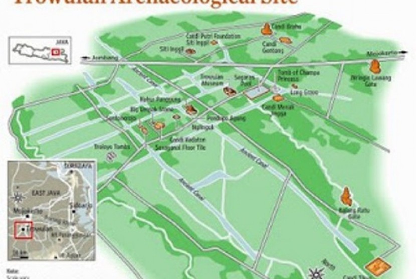 Peta sebaran situs arkeologis di kawasan Trowulan, Mojokerto-Jombang, Jawa Timur.