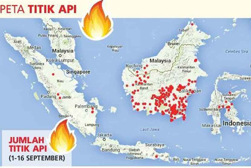 Peta titik api kebakaran hutan Sumatra dan Kaimantan.