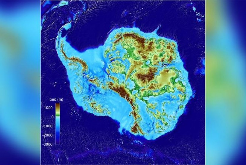 Peta topografi gletser yang menggambarkan keberadaan lembah atau daratan  terdalam di dunia.