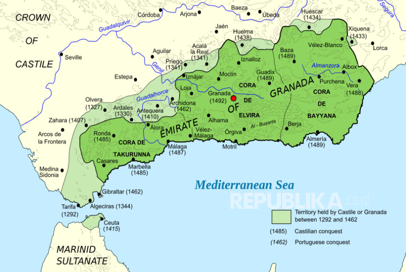 Peta wilayah kekuasaan Bani Nashr, pemuka Taifa Granada abad ke-13 hingga 15. Granada adalah daulah Islam terakhir di Andalusia (Spanyol kini).