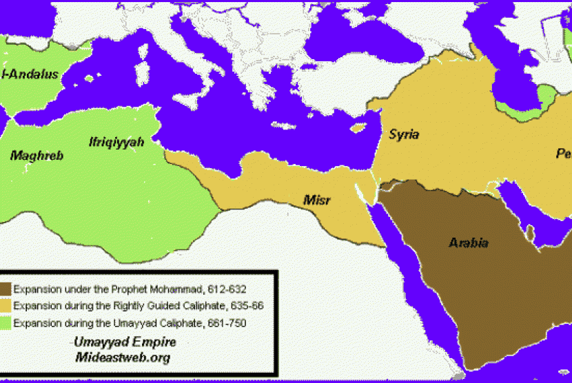 Peta wilayah kekuasaan Dinasti Umayyah.