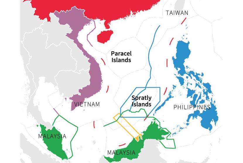 Peta wilayah perairan Laut China Selatan yang diklaim Brunei, China, Malaysia, Filipina, dan Vietnam.