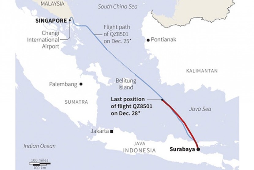 The map shows AirAsia QZ8501's route from Surabaya to Singapore. (File)