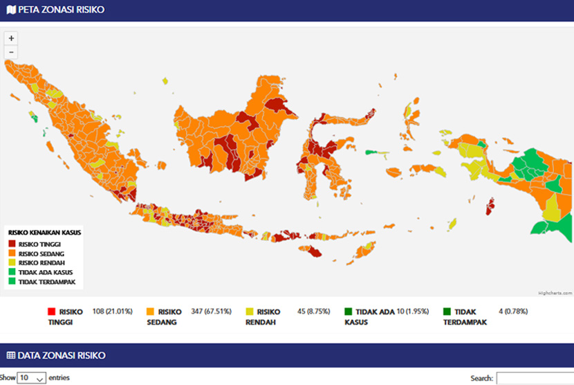 Peta Zonasi Risiko Covid-19 di Indonesia. 