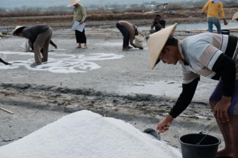 Petani dan seniman menaburkan garam untuk dibuat lukisan raksasa.