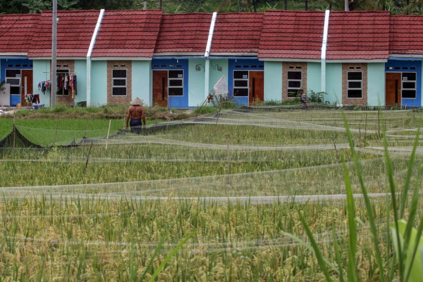 Petani melintas di depan rumah subsidi di kawasan Citeureup, Kabupaten Bogor, Jawa Barat, Senin (17/10/2022). Sebanyak 2 juta ASN belum memiliki rumah sendiri karena harga tinggi.