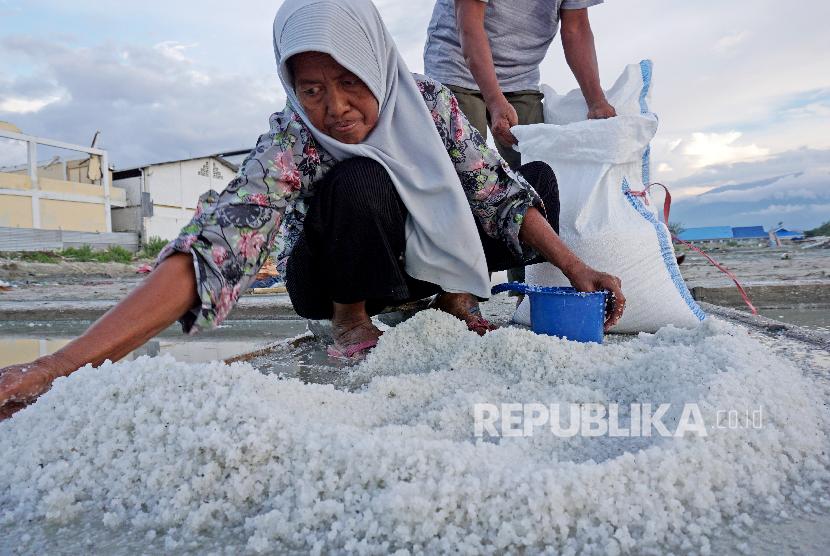 Petani memanen garam di Kawasan Penggaraman Talise, Palu, Sulawesi Tengah, Senin (13/5/2019). Tingginya permintaan garam pada bulan Ramadhan membuat petani garam konvensional di tempat tersebut memacu produksinya, dan saat ini harga garam di tempat tersebut berkisar Rp 150 ribu perkarung. 