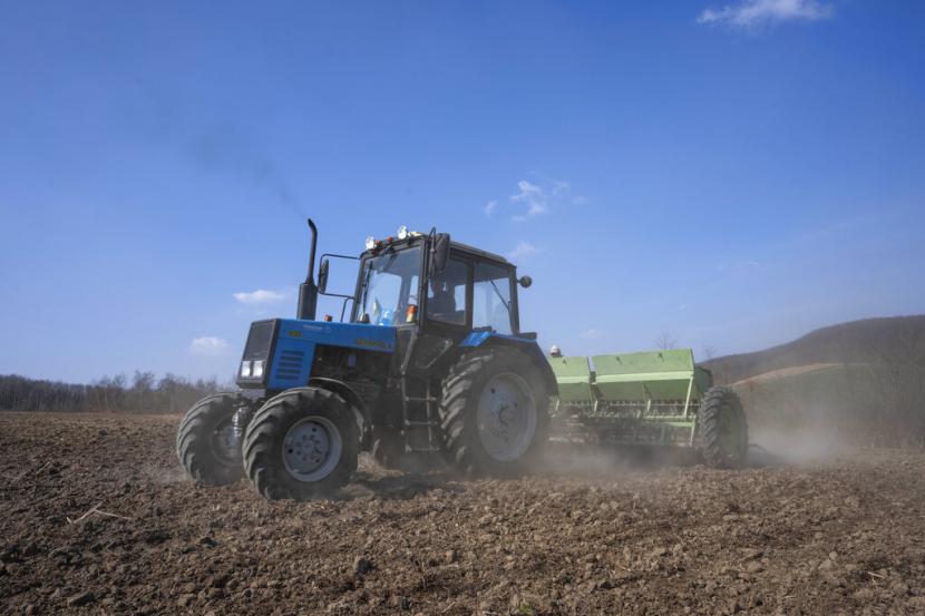 Petani membajak lahan gandum di Desa Husakiv yang berada di bagian barat Ukraina, Sabtu (26/3/2022)