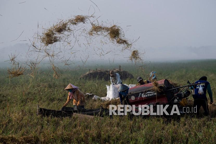Petani merontokan gabah dengan mesin saat panen di Desa Kertawaluya, Kabupaten Karawang, Jawa Barat.