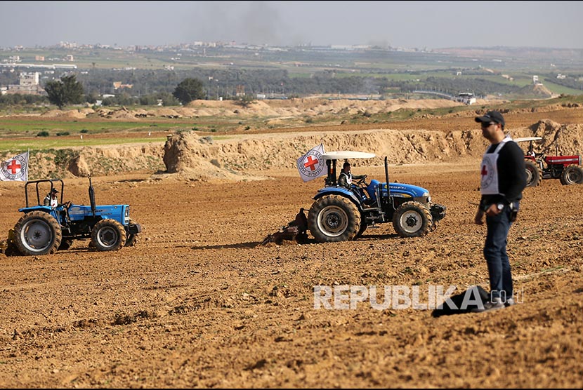 Israel Larang Palestina Ekspor Produk Pertanian. Petani Palestina menggunakan traktor untuk membajak lahan di perbatasan Israel-Garza di Jalur Gaza setelah hampir 14 tahun tidak bisa mengakses lahan ini.