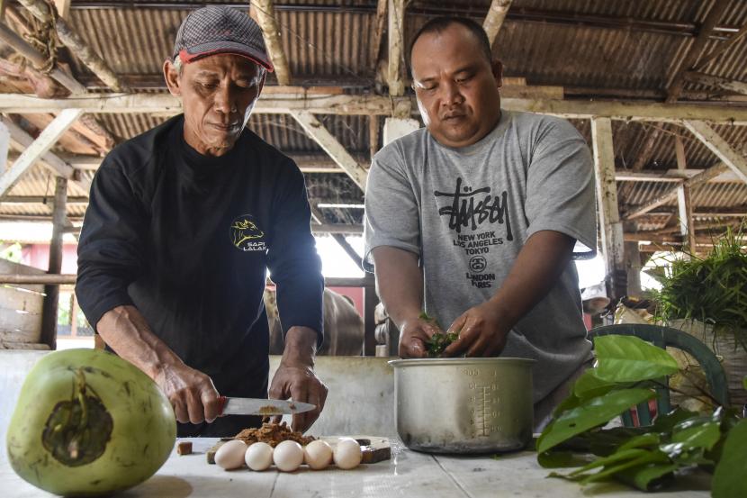 Peternak meracik jamu untuk diberikan kepada hewan ternak di peternakan di Desa Ciharalang, Kabupaten Ciamis, Jawa Barat, Selasa (17/5/2022). 