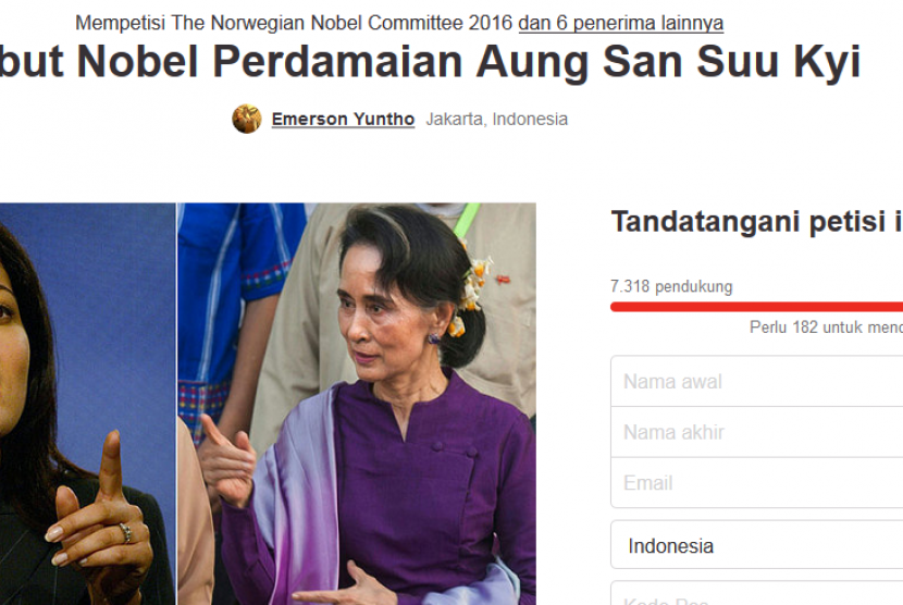 Petisi cabut nobel perdamaian milik Aung San Suu Kyi di Change.org, Senin (28/3).