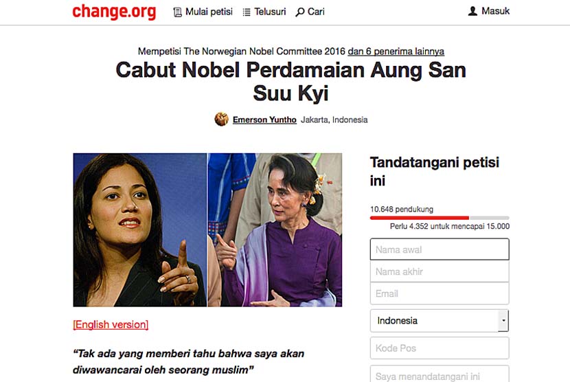 Petisi cabut nobel perdamaian milik Aung San Suu Kyi di situs Change.org. (Ilustrasi)