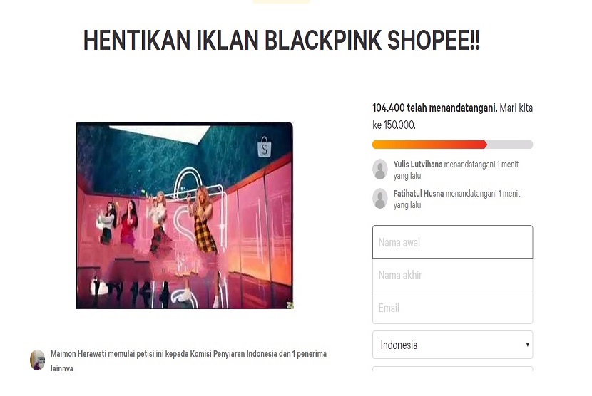 Petisi di change.org yang meminta penghentian iklan Blackpink Shopee. Hingga Selasa (11/12) pukul 19.11 petisi didukung 104.483 tanda setuju