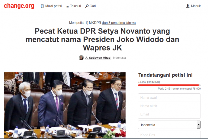 Petisi pencopotan Setya Novanto sebagai ketua DPR.