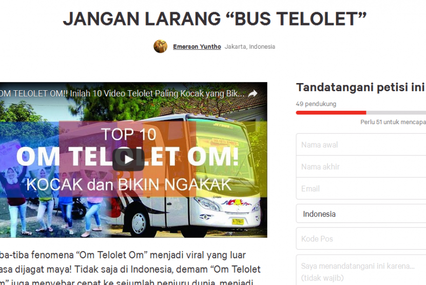 Petisi soal larangan bus 'Telolet' oleh Menteri Perhubungan, Budi Karya, yang diajukan sejumlah aktivis yang diketuai Emerson Yuntho di situs change.org, Kamis (22/12).