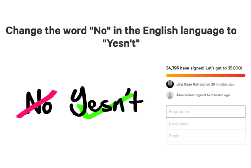 Petisi untuk mengganti kata 'No' menjadi 'Yesn't.'