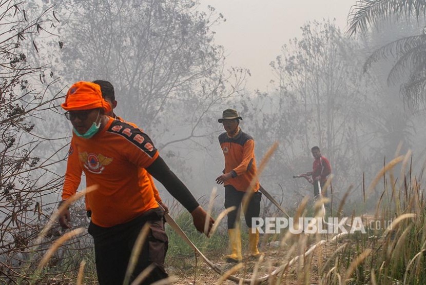 Petugas Badan Penanggulangan Bencana Daerah (BPBD) Kabupaten Kampar menarik selang ketika mencari sumber air untuk melakukan pemadaman kebakaran hutan dan lahan di Desa Kualu, Kabupaten Kampar, Riau, Rabu (14/8)