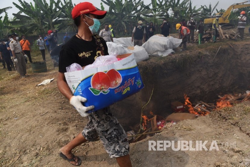 Petugas Balai Besar Karantina Pertanian Surabaya memusnahkan paket komoditas pertanian terinfeksi bakteri dan tanpa dokumen karantina di Gresik, Jawa Timur, Rabu (1/8). (ilustrasi)