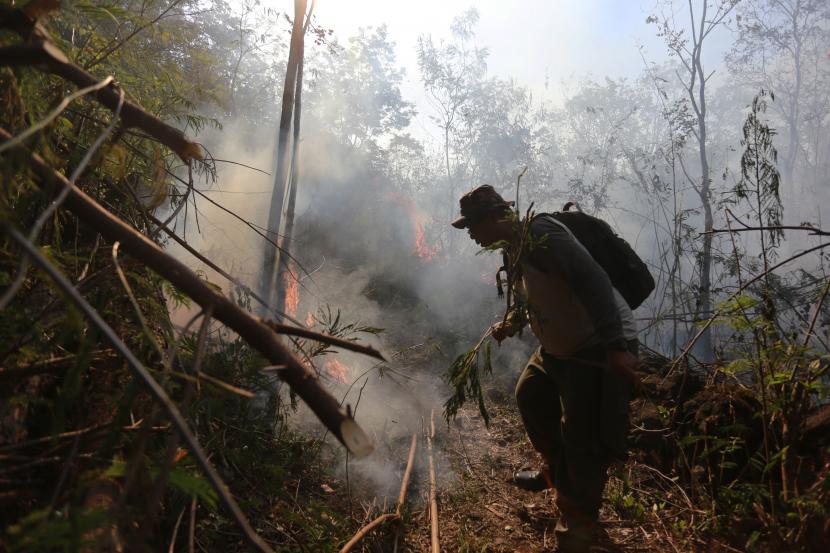 Petugas berusaha memadamkan kebakaran hutan dan lahan (karhutla) di Desa Cibuntu, Kecamatan Pesawahan, Kuningan, Jawa Barat, Senin (26/9/2022). Puluhan personel gabungan dari Balai Taman Nasional Gunung Ciremai (BTNGC), Masyarakat Peduli Api (MPA) dan personel TNI/Polri diterjunkan ke lokasi kebakaran untuk memadamkan api yang telah menghanguskan puluhan hektar kawasan hutan di lereng Gunung Ciremai. 