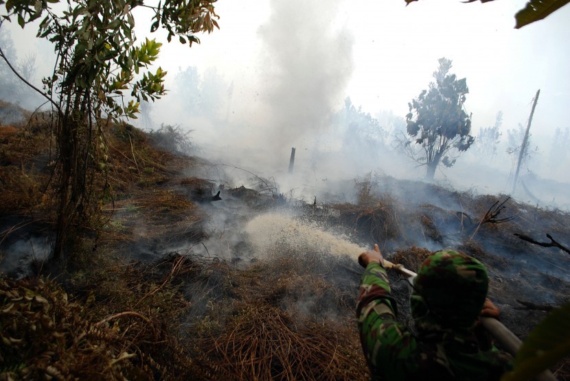 Officers tried to extinguish fires in peatlands Rimbo Panjang Village, Kampar, Riau, on Thursday (6/10).