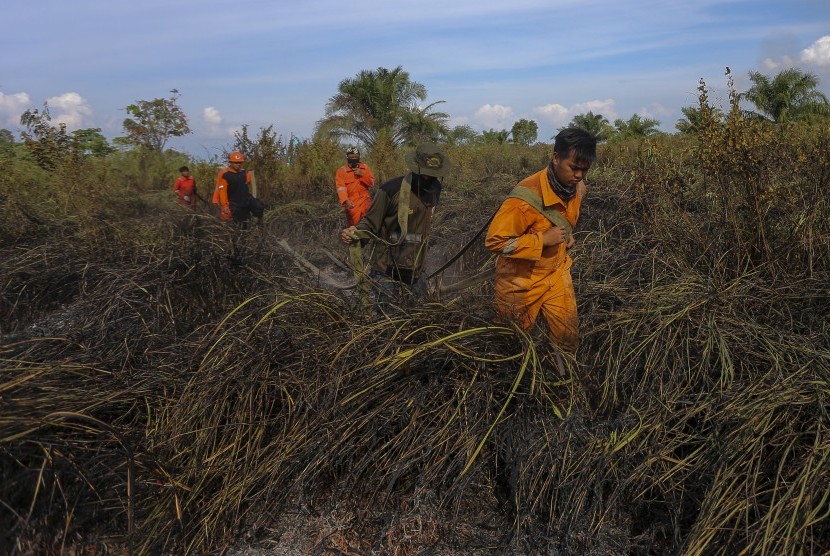 Petugas menarik selang air saat akan melakukan pemadaman kebakaran lahan. ilustrasi