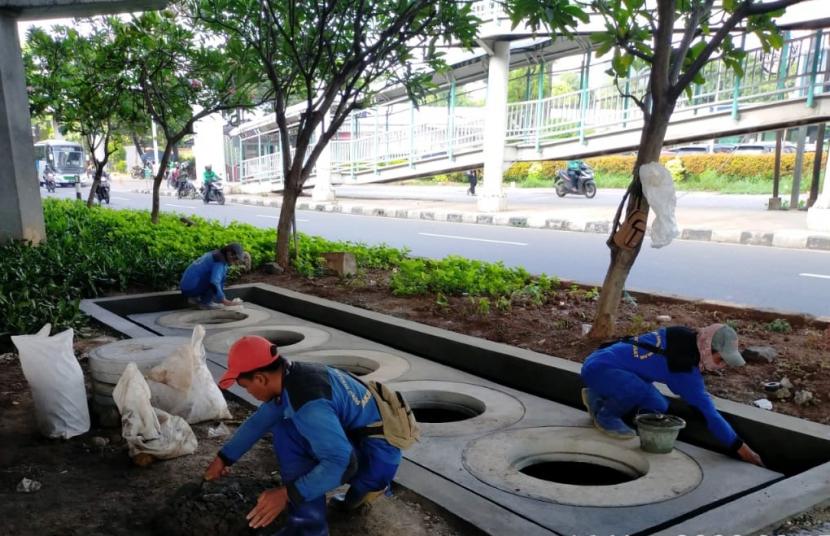 Petugas dari Pemerintah Kota Jakarta Pusat sedang membangun sumur resapan sebagai upaya antisipasi banjir. Ketua Fraksi Gembong sebut PDIP tak menolak sumur resapan hanya penempatan tak sesuai.