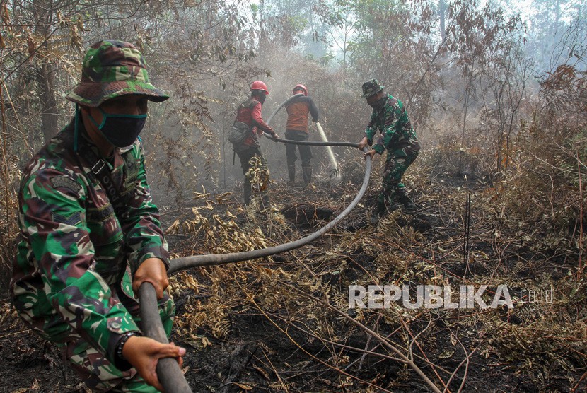 Petugas dari Satgas Karhutla Provinsi Riau berusaha memadamkan bara api yang membakar lahan gambut di Desa Karya Indah, Kabupaten Kampar, Riau, Jumat (26/07/2019). 