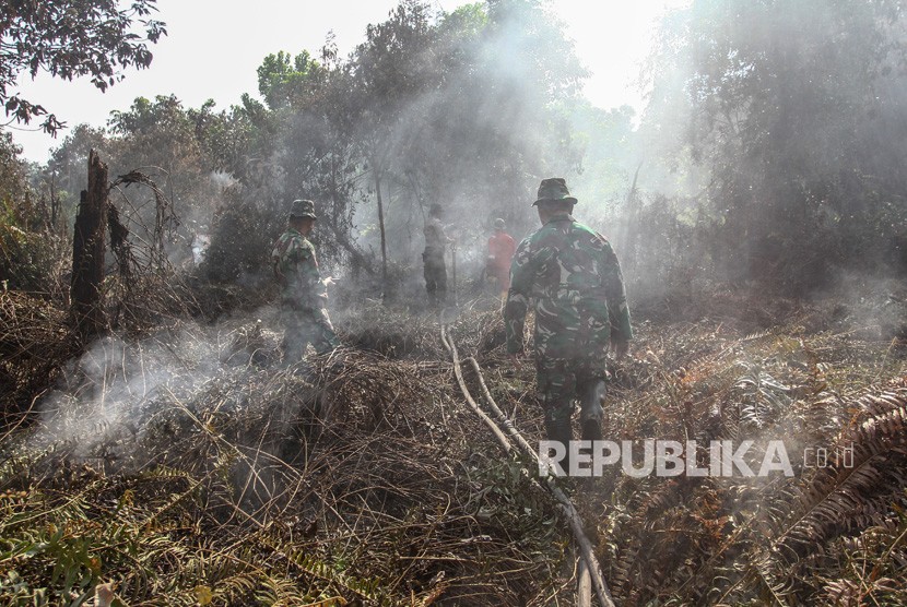 Petugas gabungan dari Polri, TNI, BPBD dan Masyarakat Peduli Api (MPA) berusaha memadamkan bara api yang membakar lahan gambut  (ilustrasi)