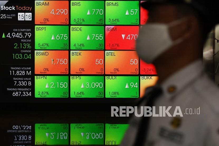 Petugas keamanan melintas di depan layar pergerakan Indeks Harga Saham Gabungan (IHSG) di Bursa Efek Indonesia, Jakarta (ilustrasi).