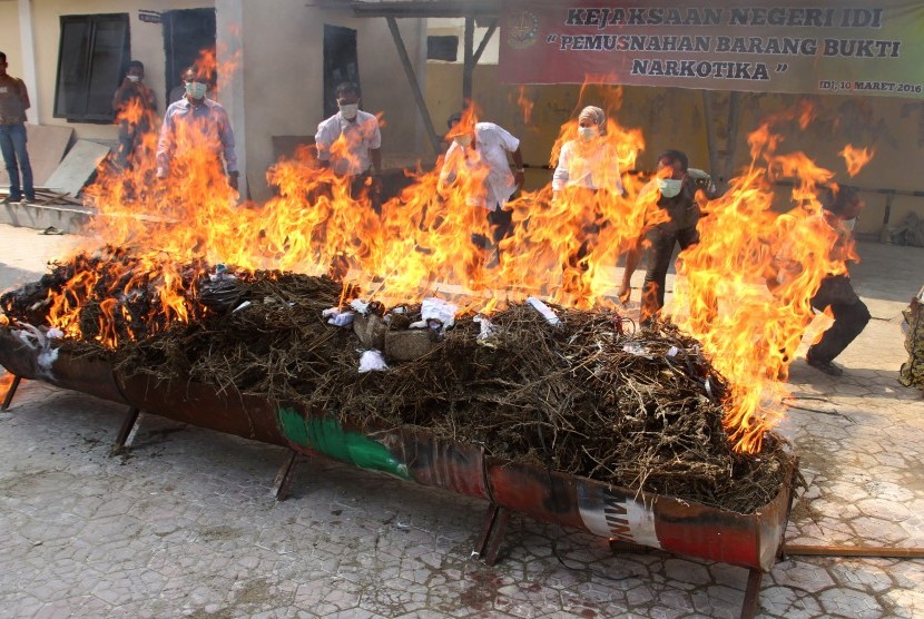 Petugas Kejaksaan bersama pejabat Muspida membakar barang bukti narkotika jenis sabu-sabu dan ganja saat pemusnahan di Kantor Kejaksaan Negeri Idi Rayeuk, Aceh Timur, Aceh, Kamis (10/3). 