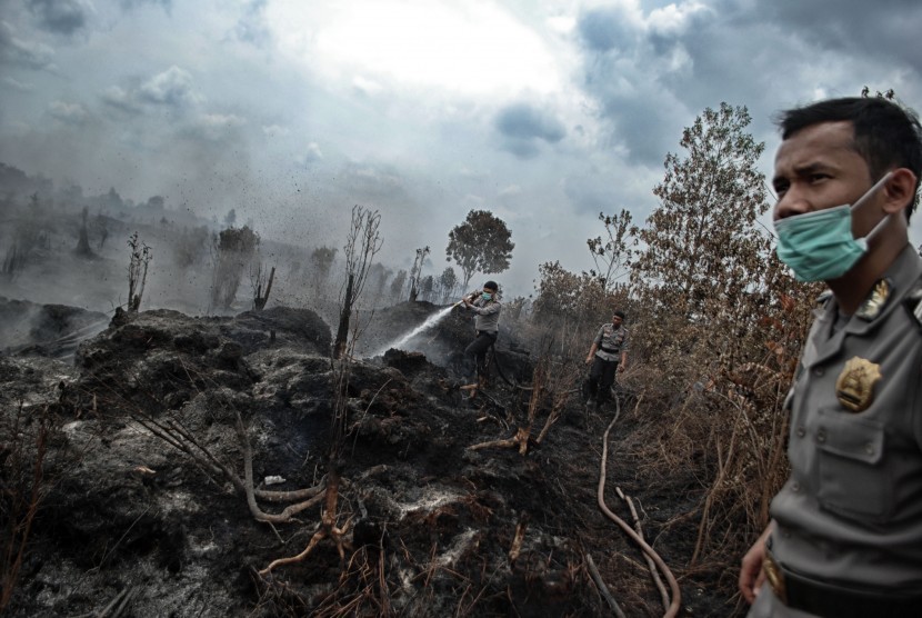 Petugas Kepolisian berusaha memadamkan kebakaran lahan gambut yang terjadi di Desa Rimbo Panjang, Kampar, Riau, Senin (29/8). 