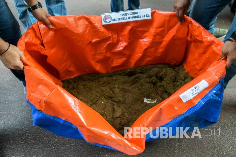 Petugas Kepolisian menata barang bukti narkoba jenis tembakau sintetis (gorila) 