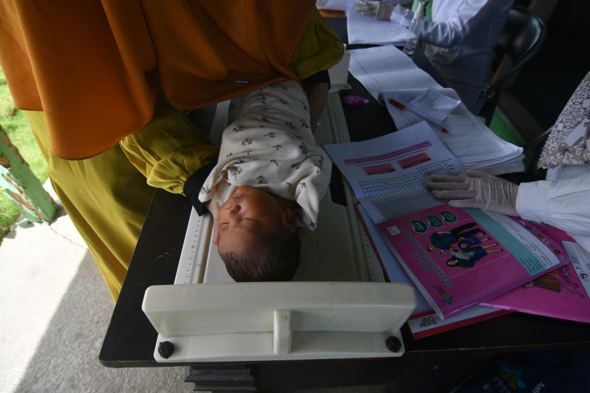 Petugas kesehatan mengukur panjang bayi saat pelaksanaan imunisasi di salah satu Posyandu. Bimbingan Perkawinan Cegah Stunting dari Hulu