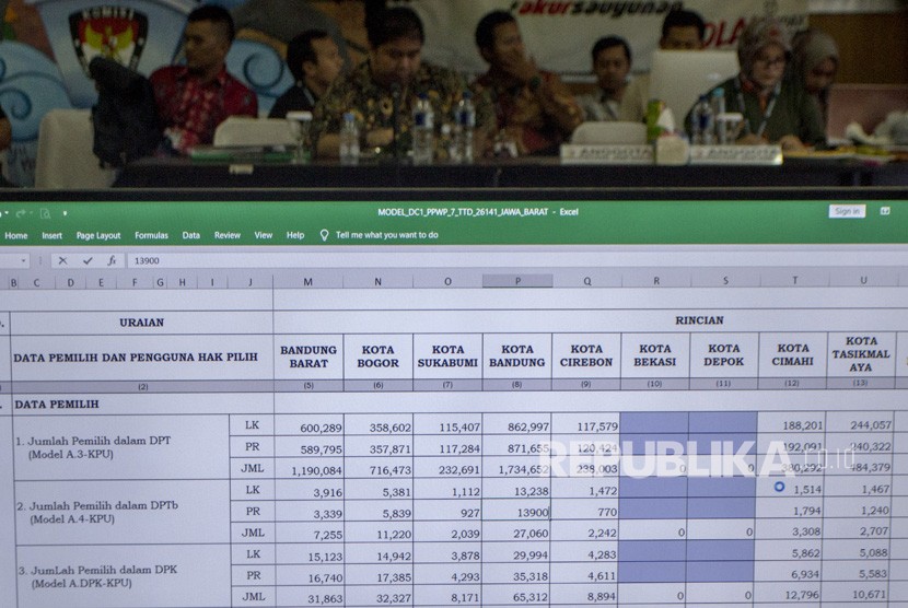 Petugas KPU bersama sejumlah saksi dan Bawaslu Jawa Barat mengikuti jalannya rapat pleno rekapitulasi hasil suara Pemilu 2019 tingkat Provinsi Jawa Barat di Aula KPU Jawa Barat, Bandung, Jawa Barat, Sabtu (11/5/2019) malam.