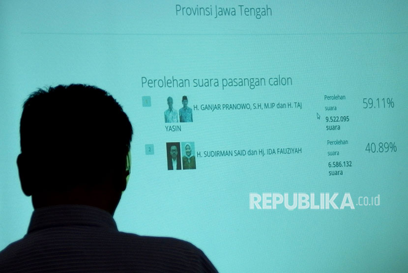 Petugas KPU Jateng mengamati hasil penghitungan suara real count sementara menggunakan Sistem Informasi Penghitungan Suara (Situng) dalam Pilgub Jateng, di Semarang, Jawa Tengah, Kamis (28/6). 